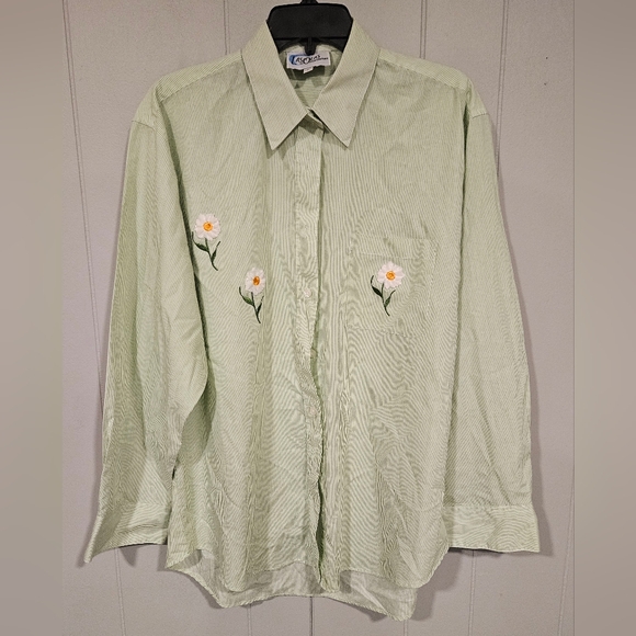 Las Olas Women's Green White Stripe Large Button Down Shirt Embroidered Daisies - Picture 1 of 4